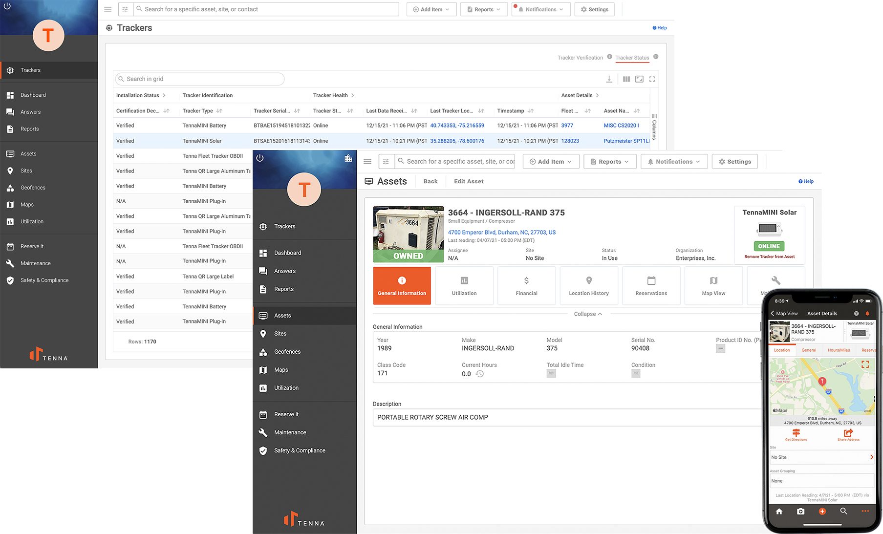 Equipment Tracker Devices UI on the Tenna software